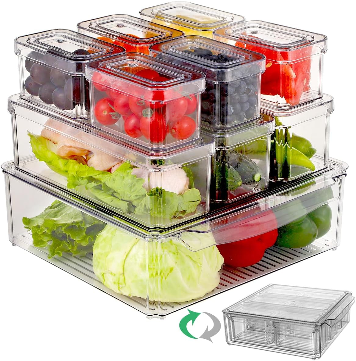 Refrigerator Organizer Bins with Lids, 10 Pack Stackable Fridge Organization, Clear Plastic Pantry Food Storage Bins, Vegetable Fruit Storage Containers for Kitchen, Cabinets, Fridge