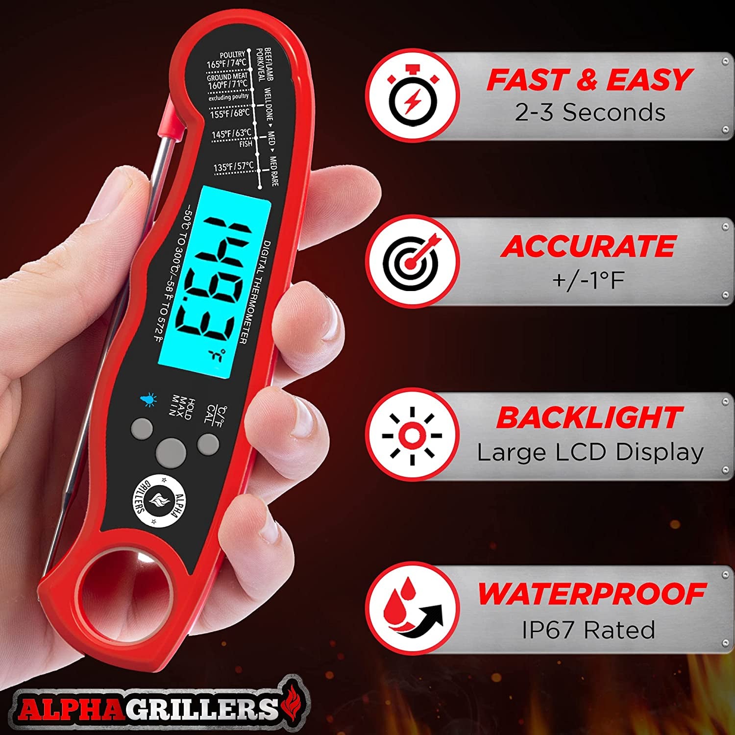 Instant Read Meat Thermometer for Grill and Cooking. Best Waterproof Ultra Fast Thermometer with Backlight & Calibration. Digital Food Probe for Kitchen, Outdoor Grilling and BBQ!