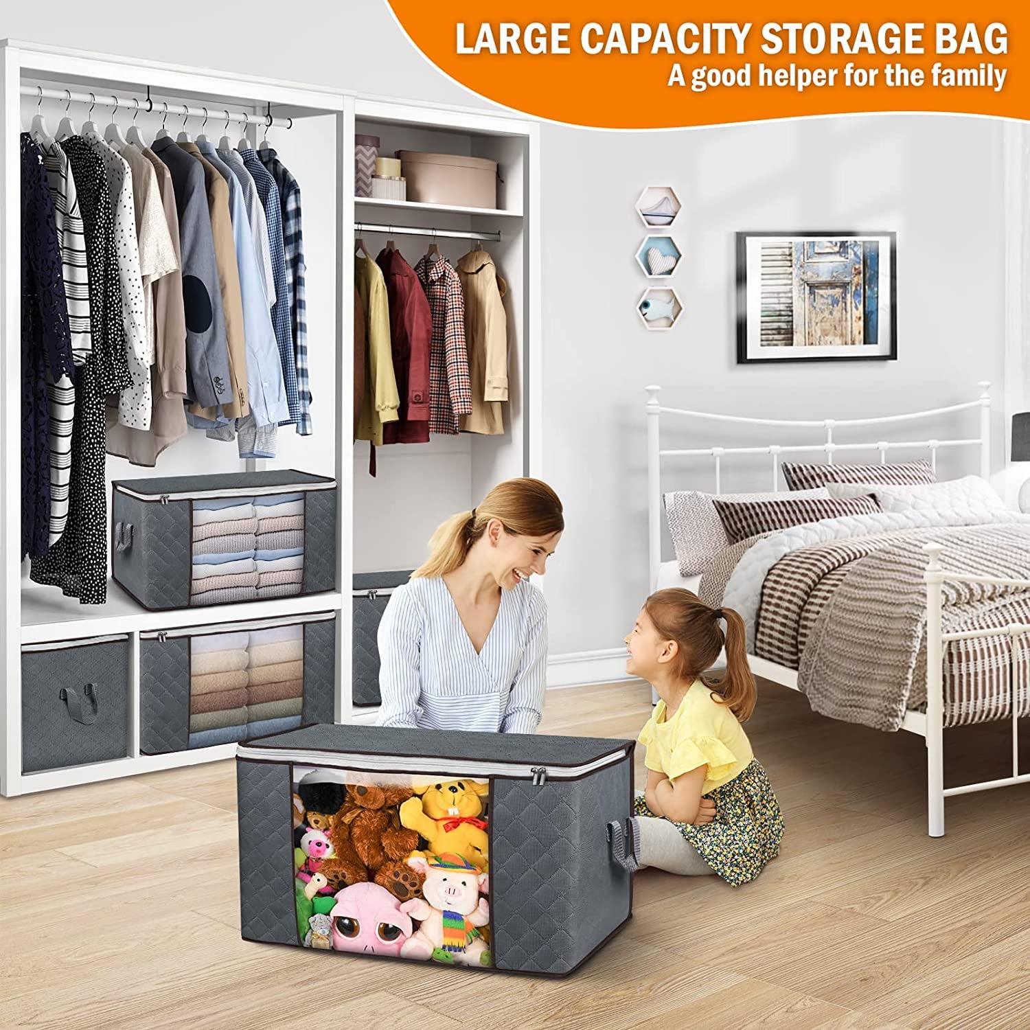 90L Large Storage Bags, 6 Pack Clothes Storage Bins Foldable Closet Organizers Storage Containers with Durable Handle & Zipper for Clothing, Blanket, Comforters, Bed Sheets, Pillows and Toys (Gray)