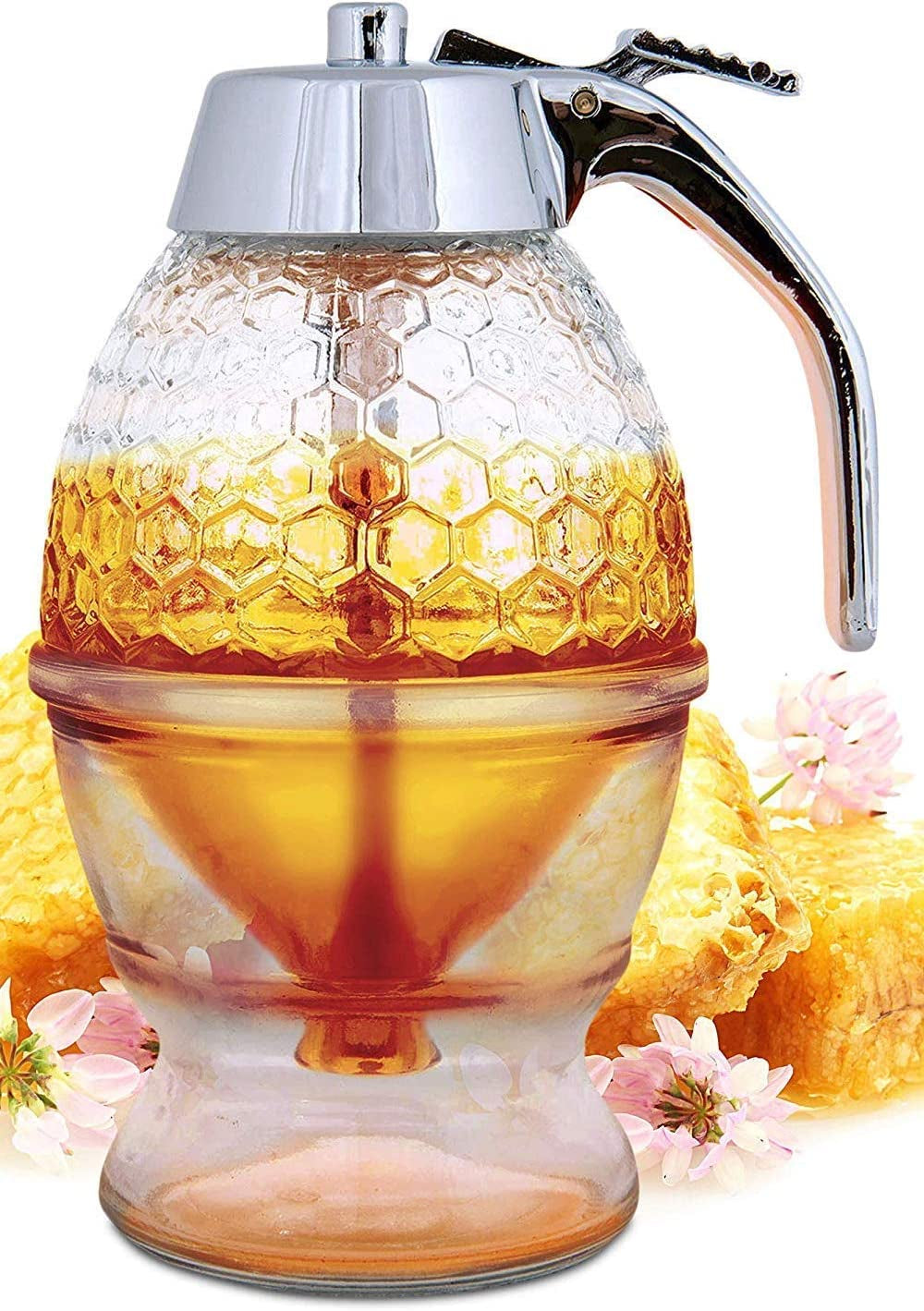 Honey Dispenser No Drip Glass - Honey Container - Maple Glass Syrup Dispenser - Beautiful Honey Comb Shaped Honey Pot - Glass Honey Jar with Stand - Great Bee Decor - Honey Containers