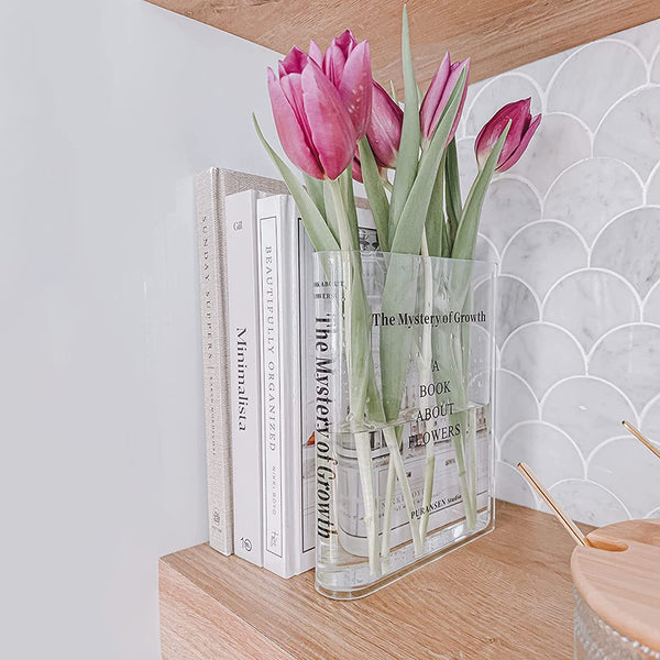 Book Vase for Flowers, Acrylic Clear Book Flower Vase, a Book about Flowers Vase, Unique Home/Bedroom/Office Accent Flowers Vase Decor(Clear - B)