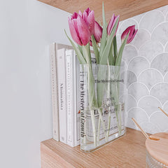 Book Vase for Flowers, Acrylic Clear Book Flower Vase, a Book about Flowers Vase, Unique Home/Bedroom/Office Accent Flowers Vase Decor(Clear - B)