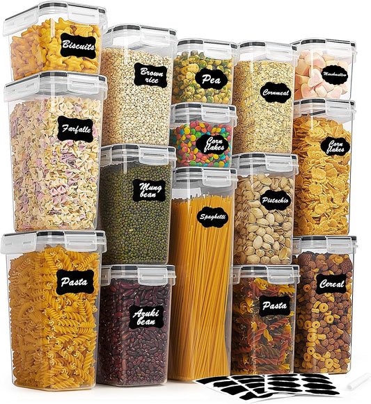 Airtight Food Storage Containers Set with Lids, 15Pcs BPA Free Plastic Dry Food Canisters for Kitchen Pantry Organization and Storage, Dishwasher Safe,Include 24 Labels, Black