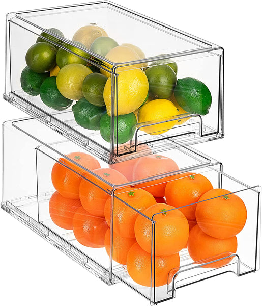 Fridge Drawers - Clear Stackable Pull Out Refrigerator Organizer Bins - Food Storage Containers for Kitchen, Refrigerator, Freezer, Vanity & Fridge Organization and Storage (2 Pack | Small)