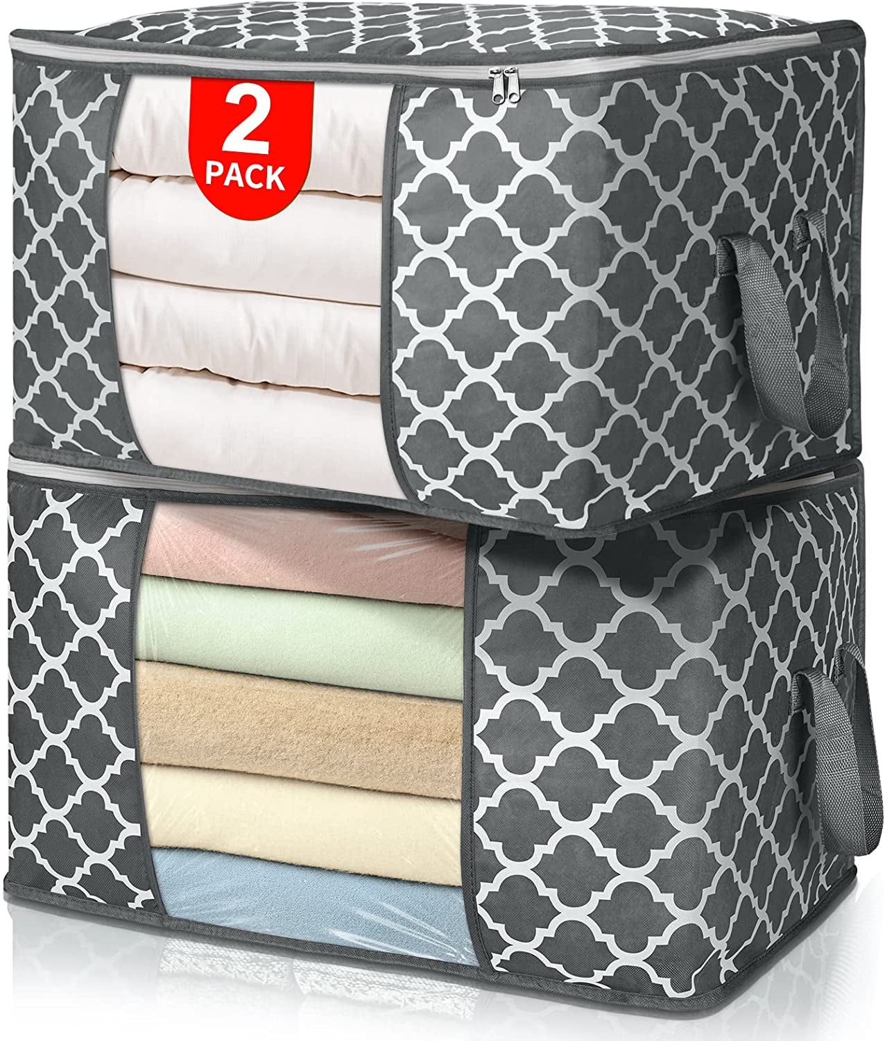 90L Large Storage Bags, 6 Pack Clothes Storage Bins Foldable Closet Organizers Storage Containers with Durable Handle & Zipper for Clothing, Blanket, Comforters, Bed Sheets, Pillows and Toys (Gray)