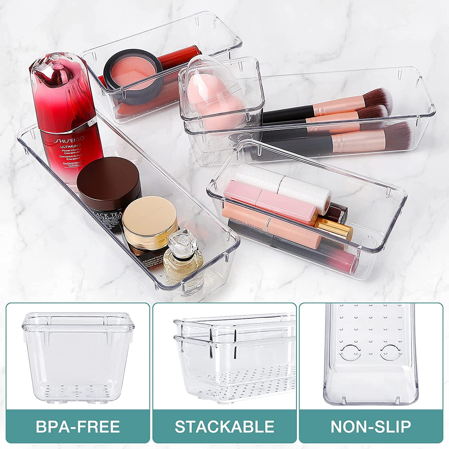 16 PCS Drawer Organizer Set, 5 Varied Size Bathroom and Kitchen Drawer Cabinet Organizer Trays, Clear Storage Bins for Makeup, Jewelry, Utensils and Gadgets