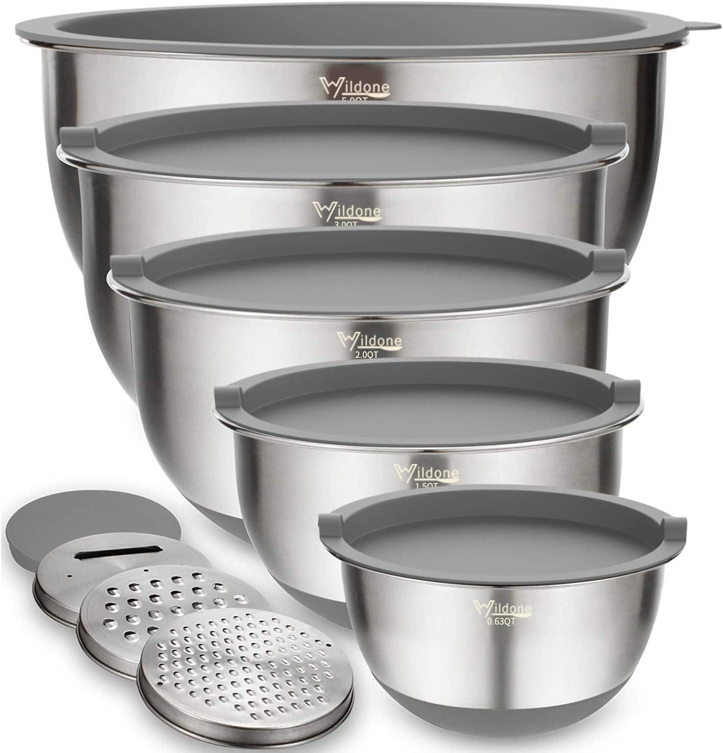 Mixing Bowls Set of 5, Stainless Steel Nesting Bowls with Khaki Lids, 3 Grater Attachments, Measurement Marks & Non-Slip Bottoms, Size 5, 3, 2, 1.5, 0.63 QT, Great for Mixing & Serving