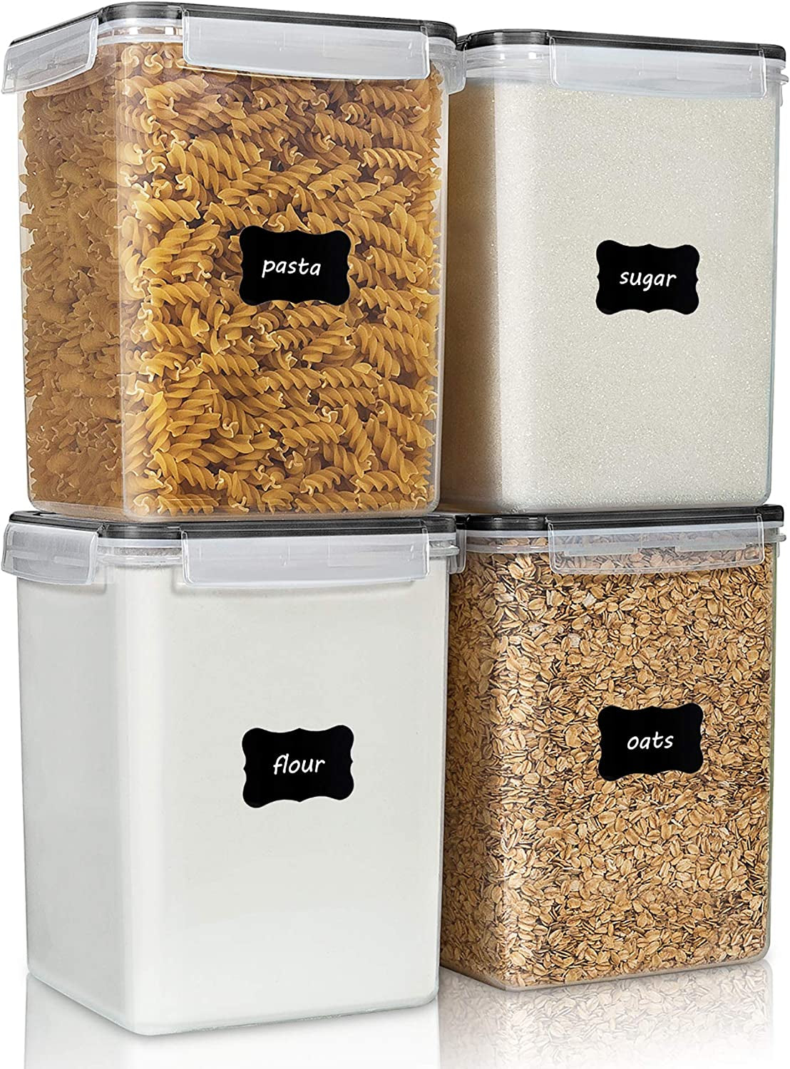Large Food Storage Containers 5.2L / 176Oz,  4 Pieces BPA Free Plastic Airtight Food Storage Canisters for Flour, Sugar, Baking Supplies, with 4 Measuring Cups and 24 Labels, Black