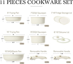 11Pcs Pots and Pans Set, Nonstick Cookware Sets Detachable Handle, Induction Kitchen Cookware Set Non Stick with Removable Handle, RV Cookware Set, Oven Safe, Cream White