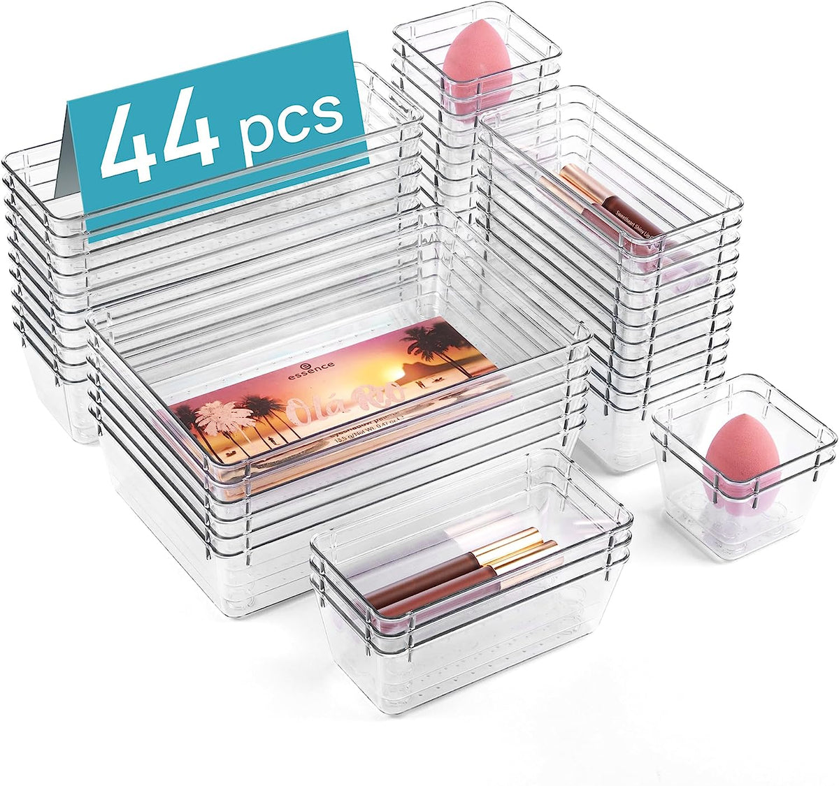 44 PCS Clear Plastic Drawer Organizers Set, 4-Size Versatile Bathroom and Vanity Organizer Trays, Non-Slip Storage Containers for Makeup, Jewelries, Bedroom，Kitchen Utensils and Office