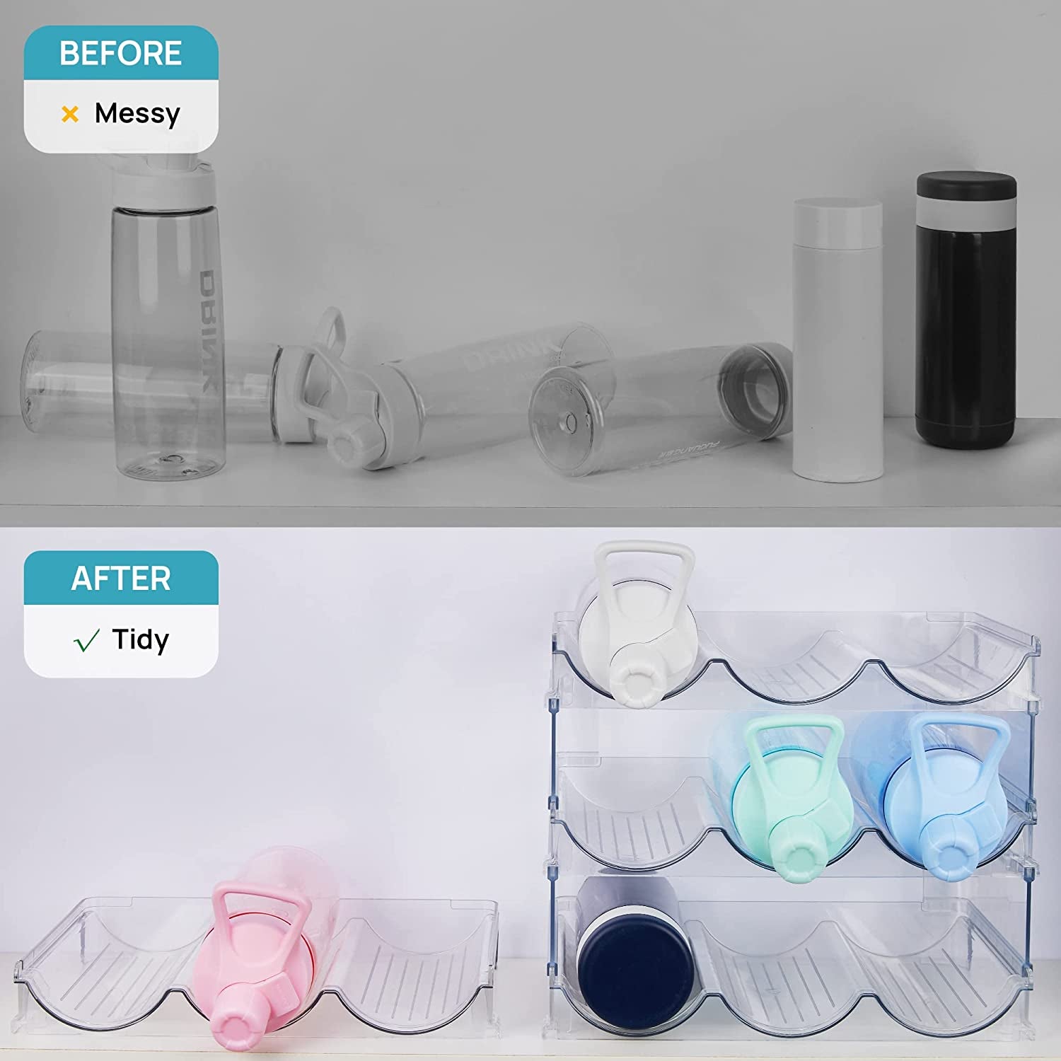 Clear Water Bottle Organizer, 4 Pack Water Bottle Storage Rack Plastic, Stackable Water Bottle Holder, Cup Organizer for Kitchen Cabinet, Countertop, Fridge, Hold 12 Bottles